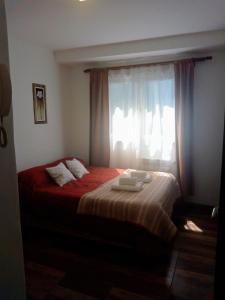 圣卡洛斯-德巴里洛切Astoria Patagonia II habitaciones privadas的一间卧室配有一张带红色床单的床和一扇窗户。