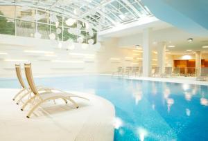 波尔托罗Wellness Hotel Apollo – Terme & Wellness LifeClass的大楼内带椅子的游泳池