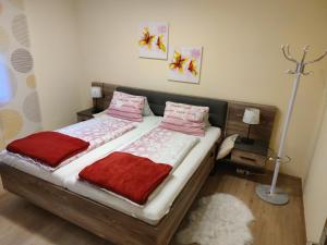 弗拉塔赫Haus Janschütz的一间卧室配有两张带粉红色毯子的床