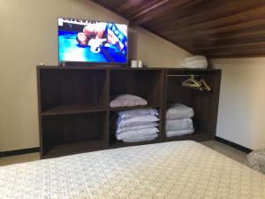 伊瓜苏Studio Julio Cezar的一间卧室配有一张床、电视和毛巾