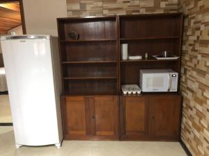 伊瓜苏Studio Julio Cezar的厨房配有冰箱和微波炉。