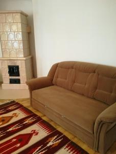克塞洛Hanga Apartman, Kőszeg的带壁炉的客厅内的棕色沙发