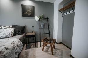 维尔扬迪Pinska Guesthouse Apartment的一间卧室设有一张床、梯子和一张桌子