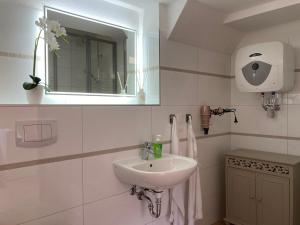 卑尔根Appartement 2 Garten的白色的浴室设有水槽和镜子