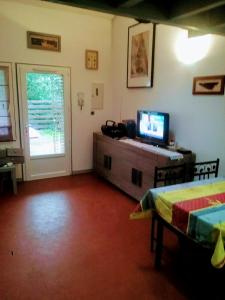 拉卡诺奥肯Tres agreable maison au calme dans la pinede的客厅设有带电视的梳妆台和门