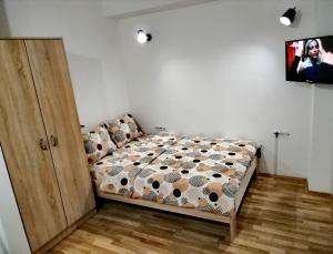 马夫罗沃Mavrovo Forest Apartments的一间卧室配有一张床,墙上配有电视