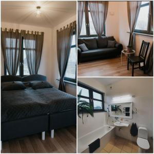 马鲁佩Valet Apartment的卧室两张照片,配有一张床和一张沙发