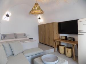 皮尔戈斯Imarkellis Santorini的带沙发和电视的客厅