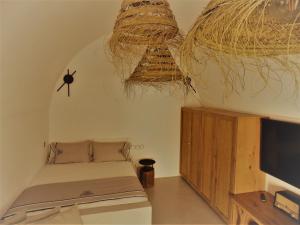 皮尔戈斯Imarkellis Santorini的一间卧室配有一张床和一台平面电视