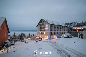 米克山Montis Hotel & Spa的雪地中山边旅馆空中景色