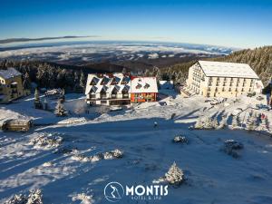 米克山Montis Hotel & Spa的雪地中度假村的空中景观