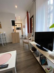科尔马L'Ours de Colmar - Appartements en centre ville的客厅配有餐桌上的平面电视