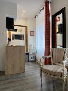 科尔马L'Ours de Colmar - Appartements en centre ville的一间带椅子的客厅和一间厨房