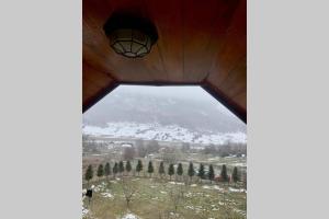 LibrazhetAlbanian traditional Villa的透过窗户可欣赏到雪山的景色