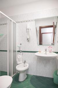 里米尼Viva Beach Hotel的一间带水槽、卫生间和镜子的浴室