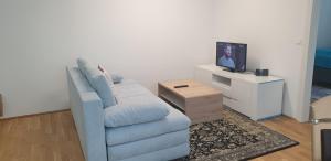 维也纳Exquisit Apartment Simmering的客厅配有蓝色的沙发和电视