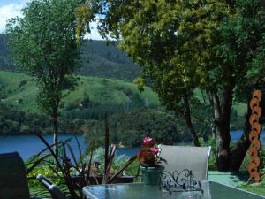 TuaiThe Tuai Suite Waikaremoana的桌椅,享有湖景