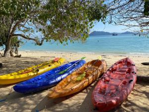 克雷登岛礁石度假酒店的一群划在海滩上的皮艇