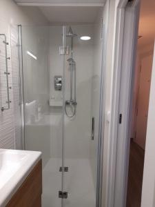 穆尔西亚Apartamento Molinos del Río的一间带玻璃淋浴和水槽的浴室