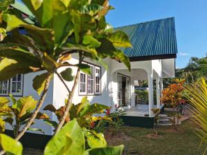 拉迪格岛CHEZ MARVA Grande Villa COCO 3 à 12 personnes的蓝色屋顶的白色房子