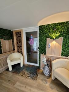 普劳恩Ambiente Hotel garni的客厅配有两把白色椅子和绿色墙壁