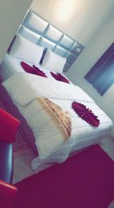 达赫拉Hotel Soukina的卧室配有带红色枕头的大型白色床