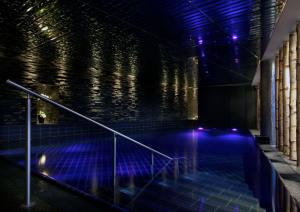 奥斯陆Grand Hotel Oslo的夜晚的游泳池,灯光蓝色