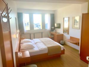 卢森堡法国酒店的一间卧室配有一张床、一张书桌和一个窗户。