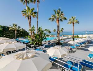 阿尔布费拉伊莎贝尔莫妮卡海滩俱乐部酒店的一排白色的伞,棕榈树和海洋