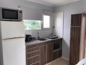 坦迪尔Los 7 Deseos的小厨房配有冰箱和微波炉。