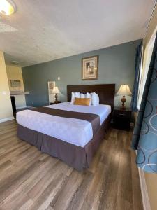 格伦多拉热带棕榈汽车旅馆的一间大卧室,配有一张大床和木地板