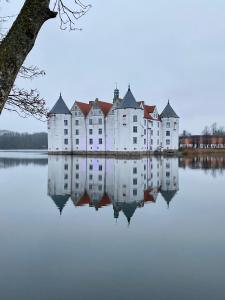 弗伦斯堡Zentrumsnahe schöne Altbauwohnung bis 4 Personen的一座大型城堡,位于湖面上