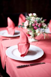 沃利茨Gasthaus und Pension "Zum Hauenden Schwein"的一张桌子,上面有两盘带粉红色餐巾和鲜花的盘子