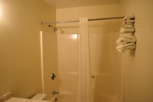 TerryvillePLYMOUTH MOTOR LODGE的带淋浴和浴帘的浴室