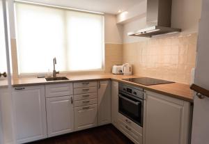 阿姆斯特丹普林森公寓住宿加早餐旅馆的厨房配有白色橱柜、水槽和窗户。