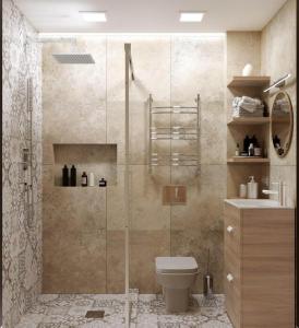 塔什干ART STUDIO 3的带淋浴、卫生间和盥洗盆的浴室