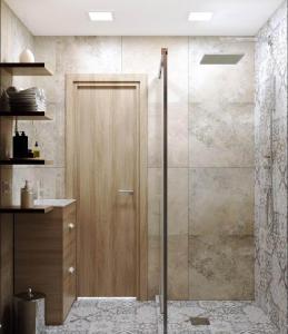 塔什干ART STUDIO 3的浴室设有木制门淋浴。