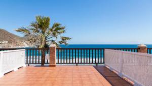 圣何塞帕奇卡夫人酒店的阳台享有大海和棕榈树的景致。