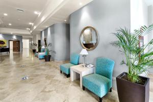 圣何塞德尔卡沃埃罗普托洛斯卡波斯酒店的一间设有蓝色椅子和镜子的等候室