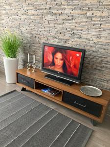 萨图马雷SOLE Apartment 1的木质娱乐中心顶部的平面电视