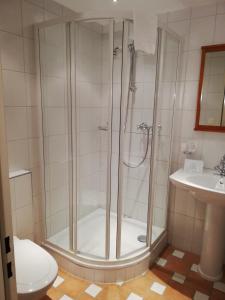 波朗特吕贝乐维尔酒店的带淋浴、卫生间和盥洗盆的浴室
