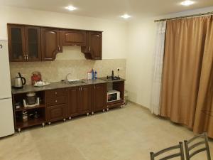 苏呼米Домик из двух комнат + кухня столовая с удобствами, со своим двориком под ключ的厨房配有木制橱柜、水槽和冰箱。