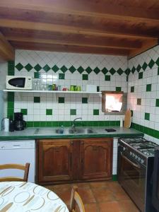LormesCottage 2 personnes的厨房的墙壁上铺有绿色和白色的瓷砖。