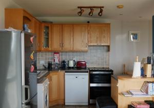 阿斯隆4 The Mews的厨房配有木制橱柜和白色冰箱。