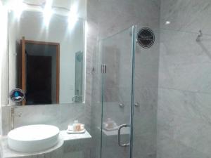 阿瓜斯卡连特斯Hotel MAC7的带淋浴、卫生间和盥洗盆的浴室