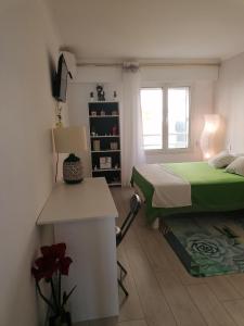 圣拉斐尔Appartement triangle d'or Saint Raphaël的一间卧室配有一张床、一张书桌和一个窗户。