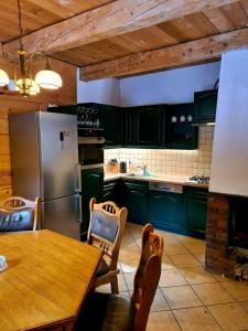 韦特利纳KURNACHATA的厨房配有绿色橱柜、桌子和冰箱。