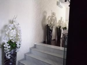 桑多梅日Willa Sandomierska的两瓶花,花朵满是白色,靠近楼梯
