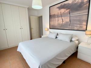 格拉纳迪利亚德亚沃纳Apartamento en Playa de la Tejita, El Medano的卧室内的一张白色床,墙上挂着一幅画