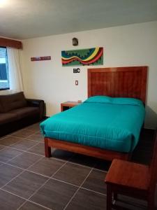 奇格纳瓦潘Hotel Tlatoani的一间卧室配有绿色的床和沙发